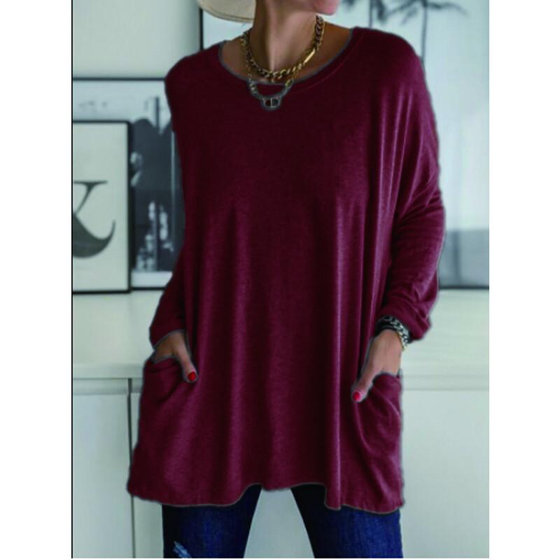 Women's Clothes Autumn Spring Long Sleeve Crew Neck T-shirt Long Sleeve Blouse; Pocket T Shirts for Women; Loose Fit Tops