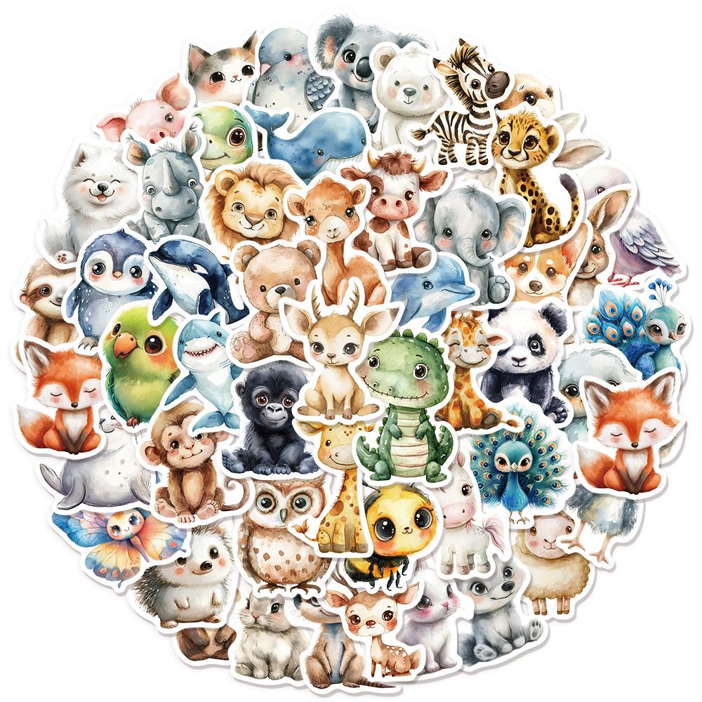 50PCS Cute Watercolor Diverse Animal Graffiti Stickers Cartoon DIY Skateboard Mobile Laptop Decoration Reward Stickers Toy