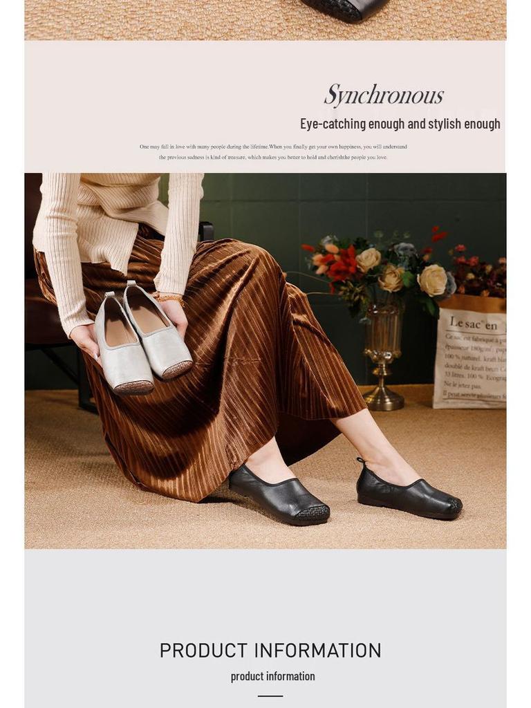 2025 Autumn Women's Retro Genuine Leather Square Toe Slip-On Ballet Flats