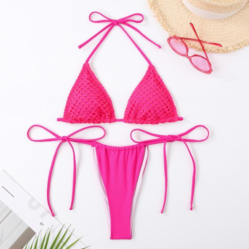 Split Bikini Swimsuit Women Lace Tight Sexy Hanging Neck Fashionable Solid Color S розы красного