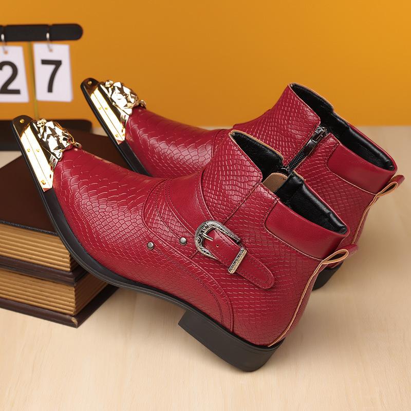 Punk Style Men Pointed Leather Shoe Star Designed Snake Print Stage Performance Party Boots Metal Pointed Motorcycle Cowboy Boot