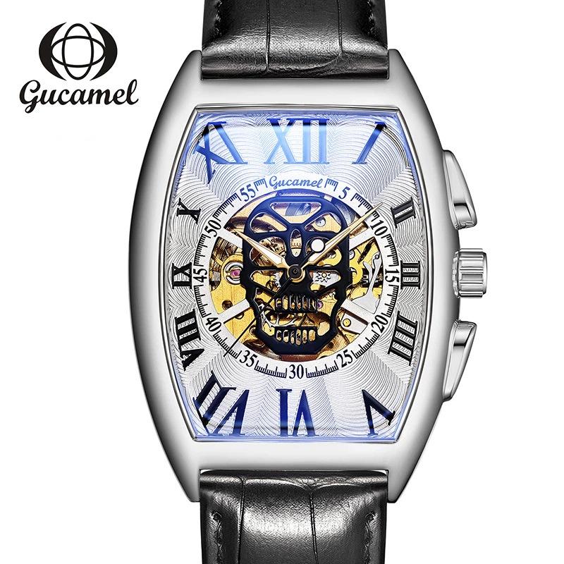 Top brand new wine barrel European and American men's fashion skull hollow automatic mechanical watch men's watch