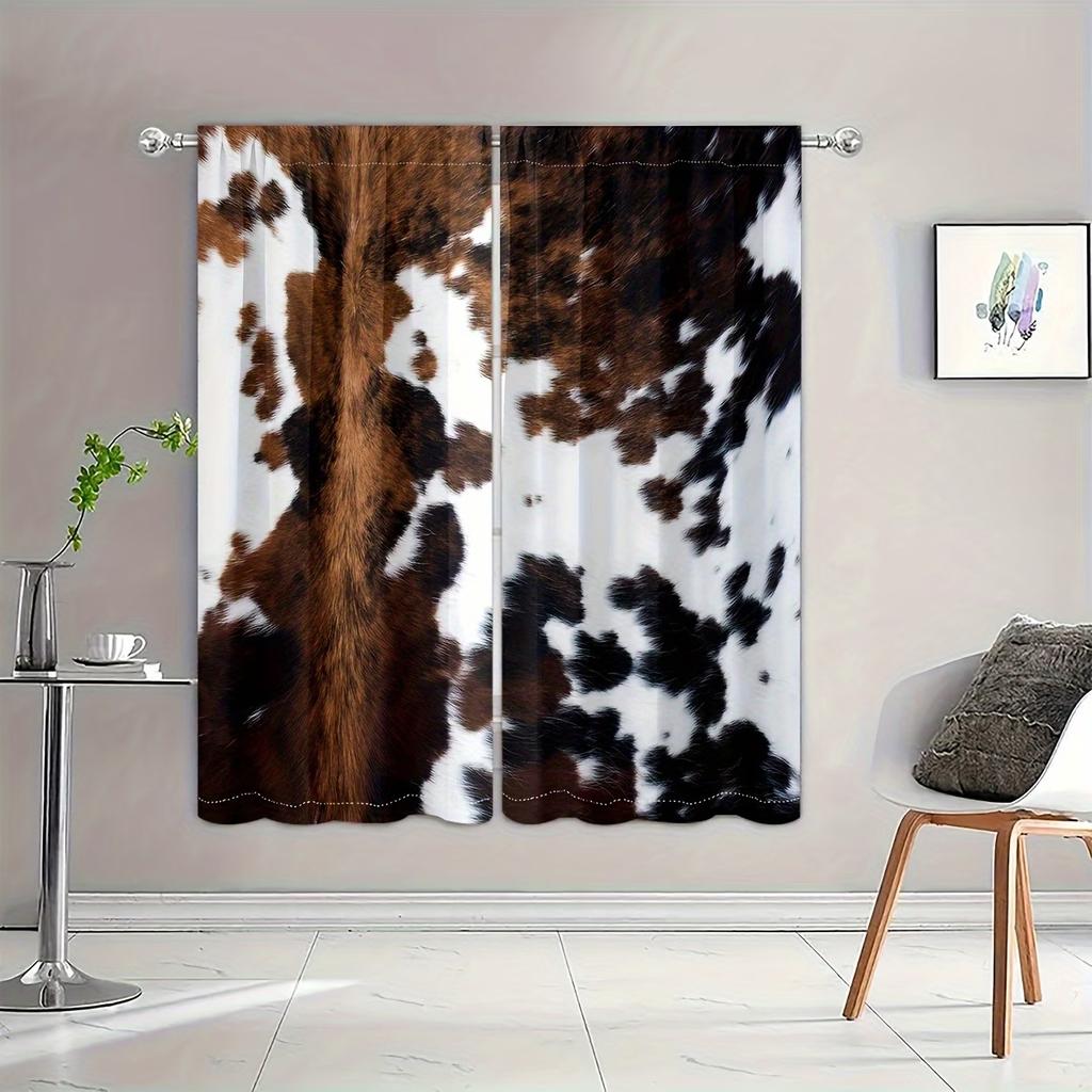 2PC Cowhide Print Curtains - Western Farmhouse Animal Skin Pattern Window Drapes for Living Room Bedroom Decor