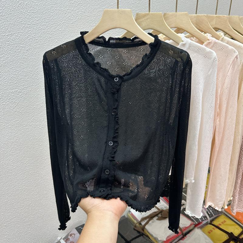 Sweet wind hollow thin knitted cardigan women's summer outdoor sunscreen top age-reducing fungus edge air-conditioning shirt