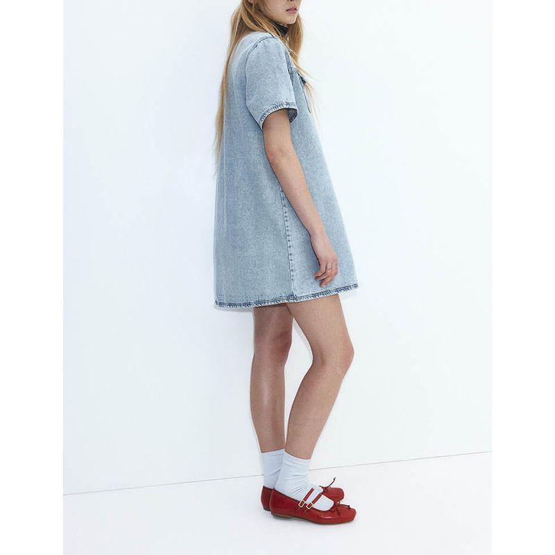 Summer New Women clothes Cotton Blended Fold Collar Short sleeve A Word Shirt Style Demin dress 1274311