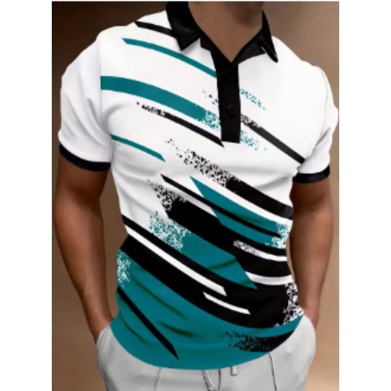 Men's Slim Fit Abstract Print Polo Shirt Black Trim Collar Cuffs Golf Shirt