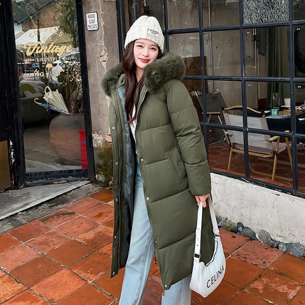 Down Cotton Clothes Women's Medium Length Over the Knee Korean Version Waist Large Fur Collar Thickened Warm Hooded Jacket