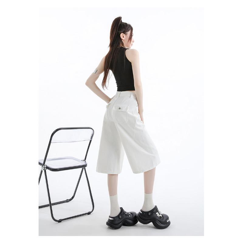 High Quality Retro High Waist Flared Denim Shorts Women Summer Loose Casual Wide Leg Cropped Pants