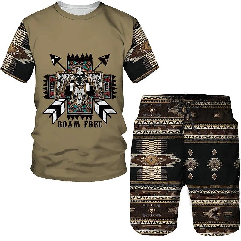 Newest Ethnic Wind Graphics Retro Print Oversized T-shirts Shorts Suit Vintage Clothes Short Sleeve Summer Men's Sets