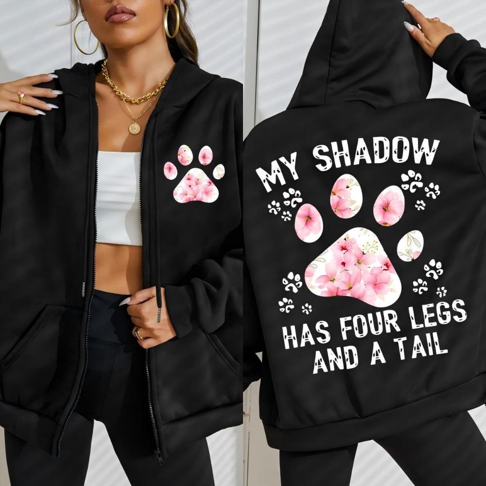 Flower Cat Feet My Shadow Has Four Legs And A Tail Print Zipper Hoody Woman Autumn Hoodies Loose Fleece