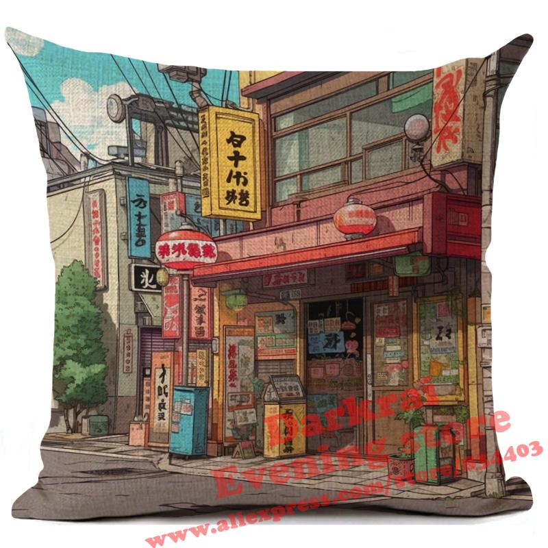Cartoon Straßenecke Leinen Kissenbezug Japan Architekturstil Heimdekoration Wohnzimmer Sofa Dekokissen Hülle 45x45cm