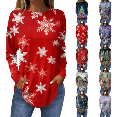 Lockerer Rundhals-T-Shirt-Oberteil mit Retro-Muster für Damen, bedruckt, langärmelig, für Weihnachten