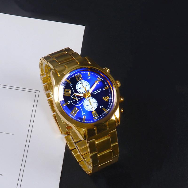 Mechanical Style Mens Business Watch With Luminous Dial And Steel Strap For Formal Wear Gold Blue
