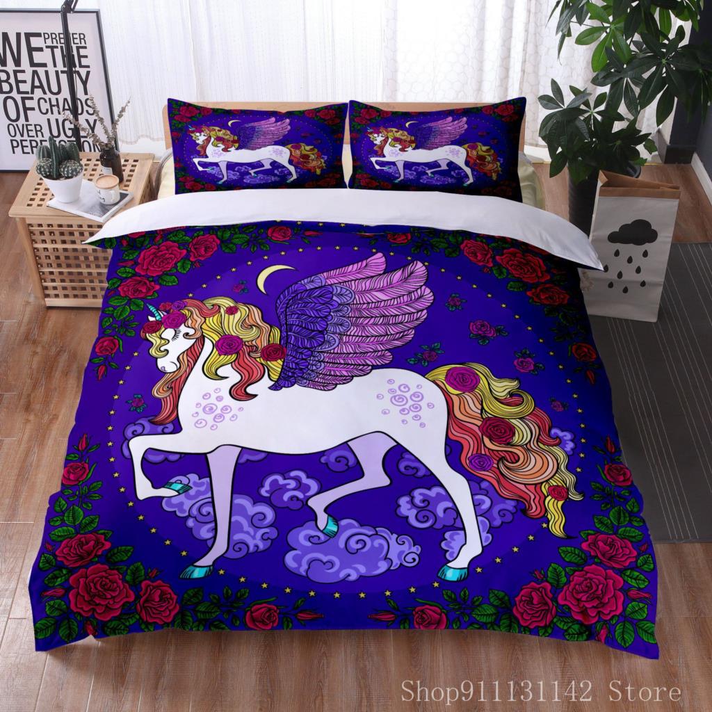 Magical 3D Cartoon Color Unicorn Print Bedding Set - Single/Double/Queen Sizes With Duvet Cover & Pillowcase