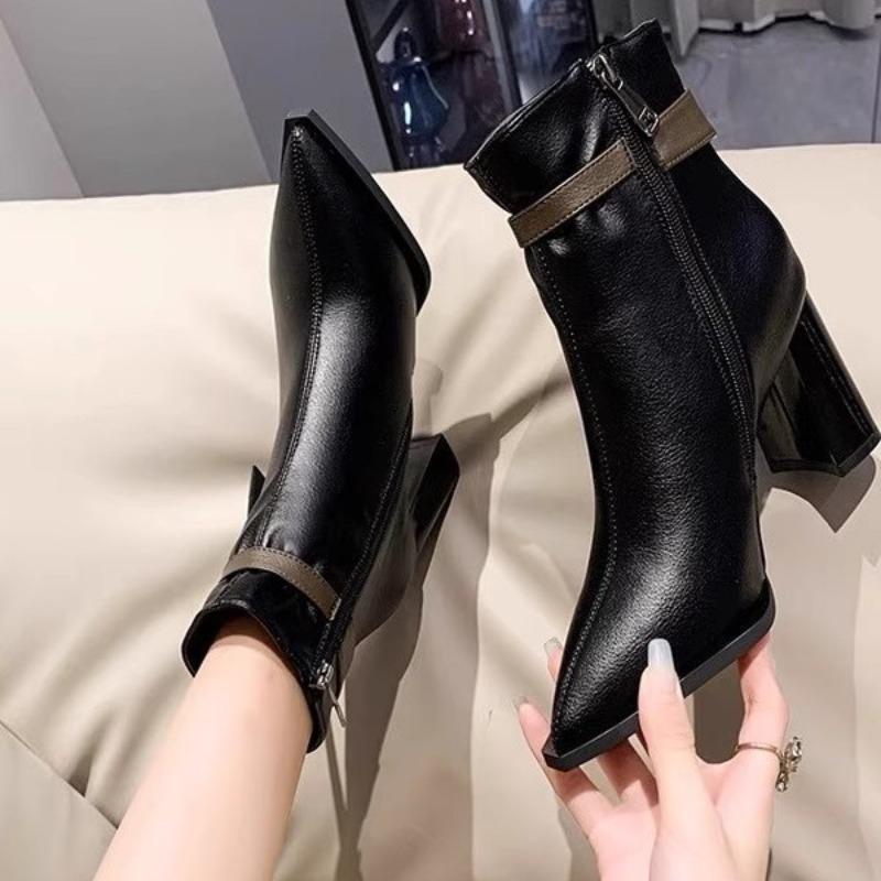 High-heeled Short Boots Women's Autumn and Winter New Pointed Thick-heeled Fashion Boots Belt Buckle Color Matching Temperament Versatile Martin Boots