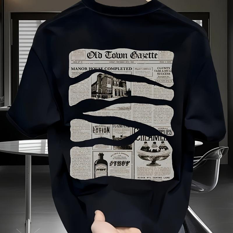 

European sizes Men s Casual T-Shirt with Vintage Old Town Gazette Print - Lightweight, Short Sleeve, Round Neck 4XL чорний
