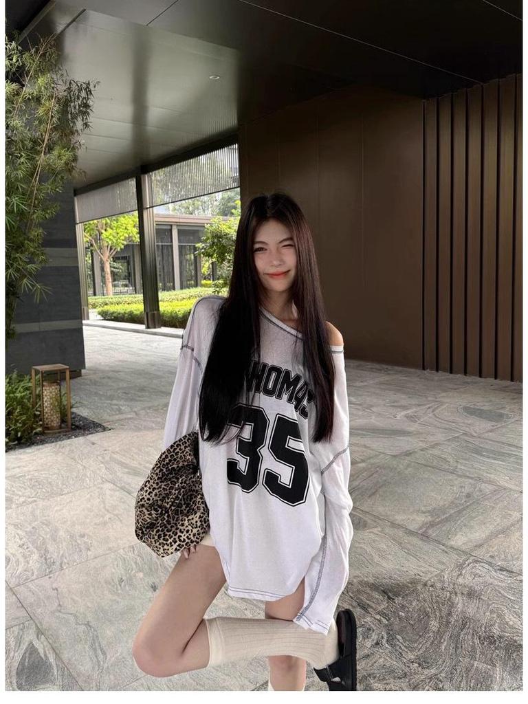 Jinliang Cienka Bawełna Lycra Koszulka z Długim Rękawem - Luźny Krój, Styl Casual