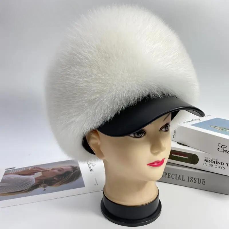 Real Fox Fur Hat Women Fluffy Brim Winter Warm Snow Cap Female Outdoor Russian Bomber Hat Winter Woman Natural Fur Cap Hat