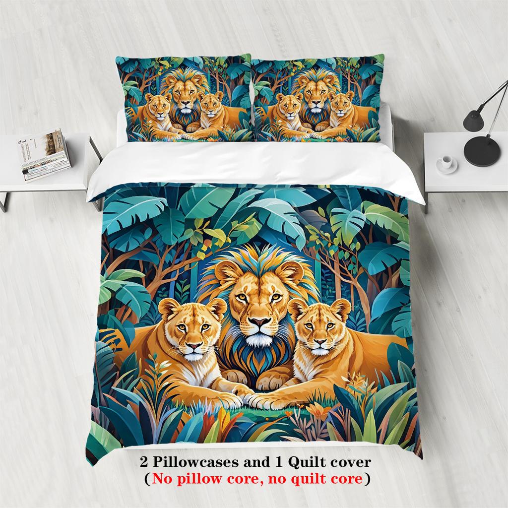 3pcs Lion Family Pattern Bedding Set, 1*duvet Cover+2*pillowcase, for Single Bed, Teenagers and Adults Bedroom, Home Decoration