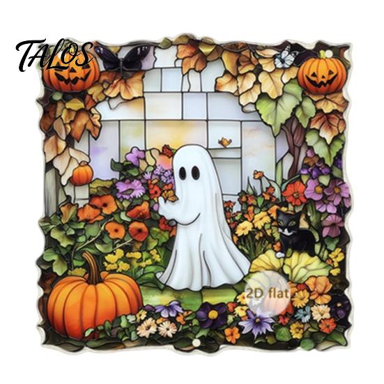 Vintage Window Pendant Halloween 2D Acrylic Decoration with Chain, Bell, Stained Glass Ghost Bat Bell Pumpkin Suncatcher Decor, Wall Hanging Ornament