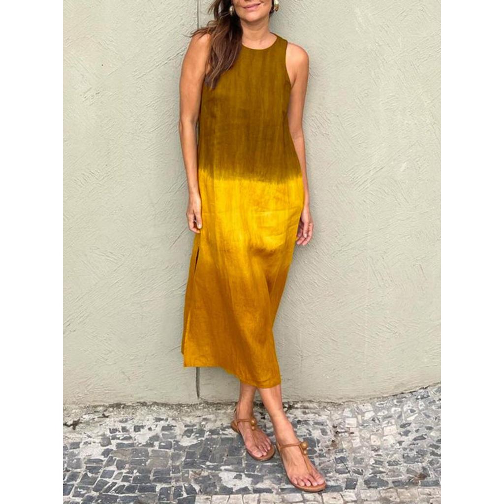 Summer Gradient Casual Cotton Linen Sleeveless Slit Dress for Women, European American Style Ladies Sundress