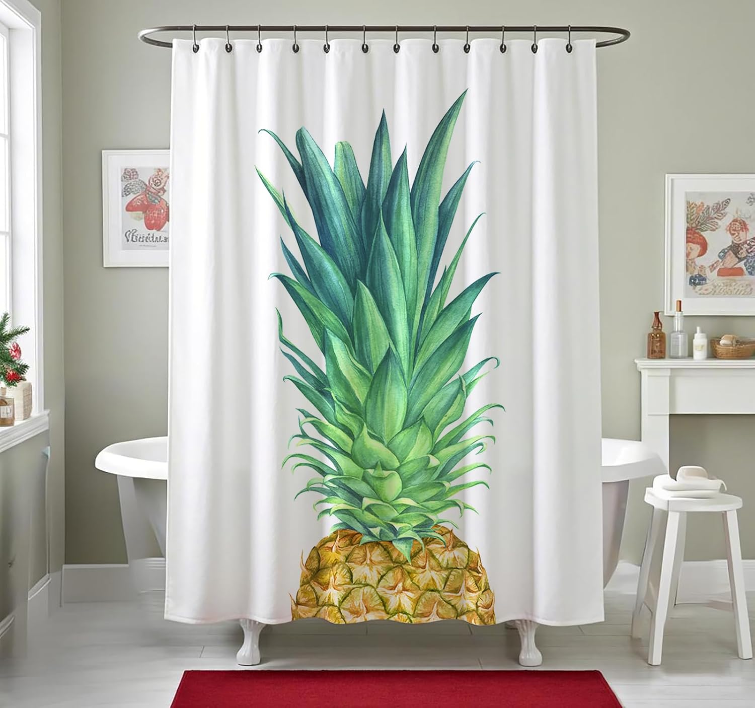 Monika Chen Green/Yellow Pineapple Shower Curtain Watercolor Pineapple Tropical Fruit Polyester Fabric Bathroom Shower Curtain