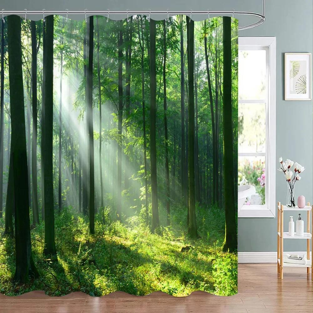 Woodland Shower Curtain Birch Trees In The Forest Natural Outdoor Scenery Polyester Fabric Bath Curtains Bathroom Decoration