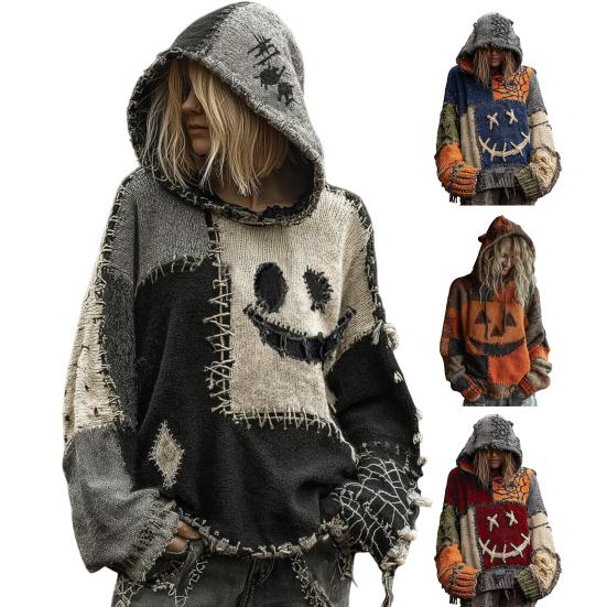 Imitation Cashmere Sweater Hooded Long Sleeve Halloween Ghost Cat Pattern Sweater Retro Print Loose Fit Distressed Knitting Hoodie