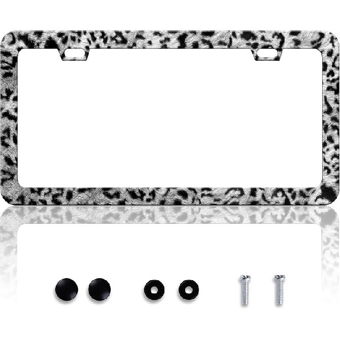 Grey Black Leopard Print License Plate Frame Cheetah License Plate Frames Personalise Stainless Steel Funny Design Compatible With Standard License