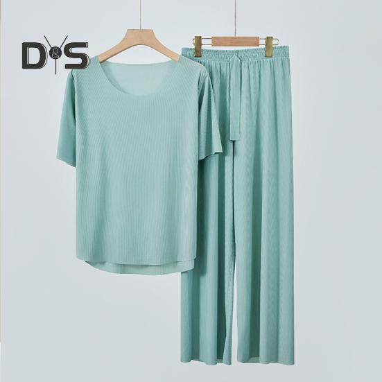 2-teiliges Sommer-Pyjama-Set mit O-Ausschnitt, kurzärmeligem T-Shirt, elastischer Bund, lange Hosen, einfarbige Nachtwäsche aus Eisseide