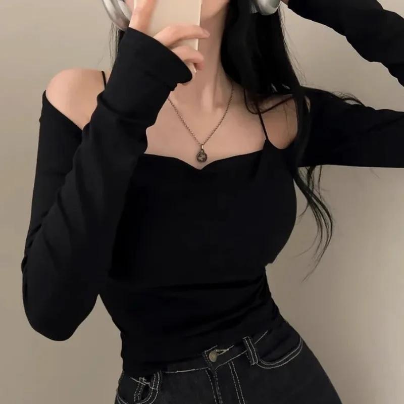 Korea New Style Pure Desire Sexy Off-The-Shoulder Two-Piece Illusionslims Women's Long Sleeve T-Shirt Versatile Smoot
