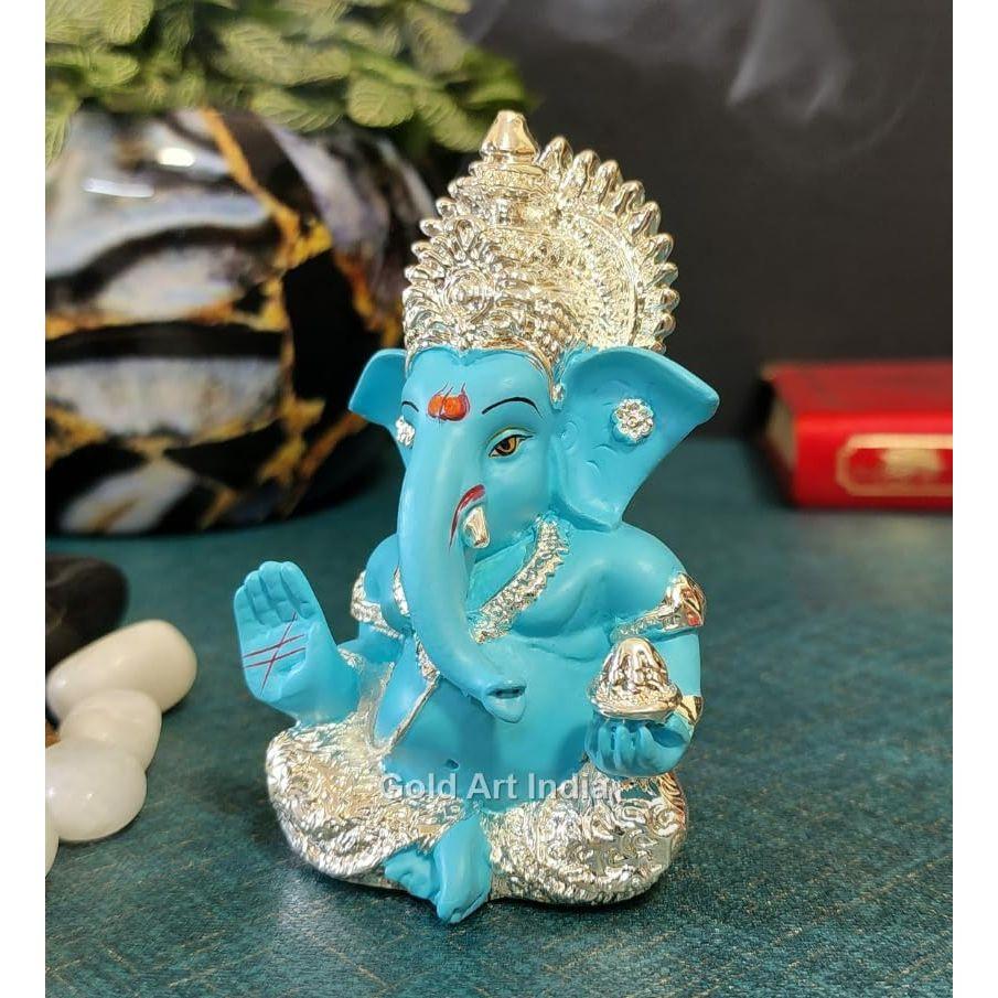 Silver Plated Ganesh Idol for Car Dashboard God Ganesha Idol for Home Decor Ganpati for Gift 3.5 inches (Silver) (Silver Fountain Blue)