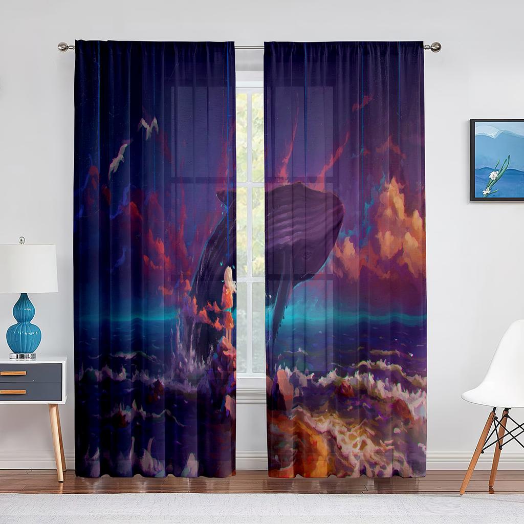 Watercolor Whale Underwater Animal Psychedelic Sheer Window Curtains for Living Room Bedroom Home Decor Chiffon Tulle Curtain