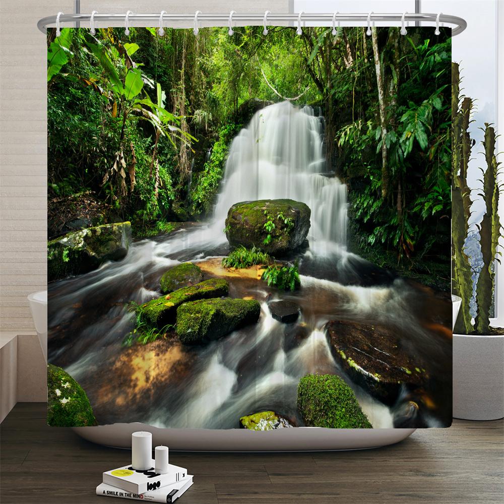 Natural Scenery Shower Curtain Set Forest Waterfall Spring Landscape Home Bathtub Decor Waterproof Polyester Bathroom Curtains