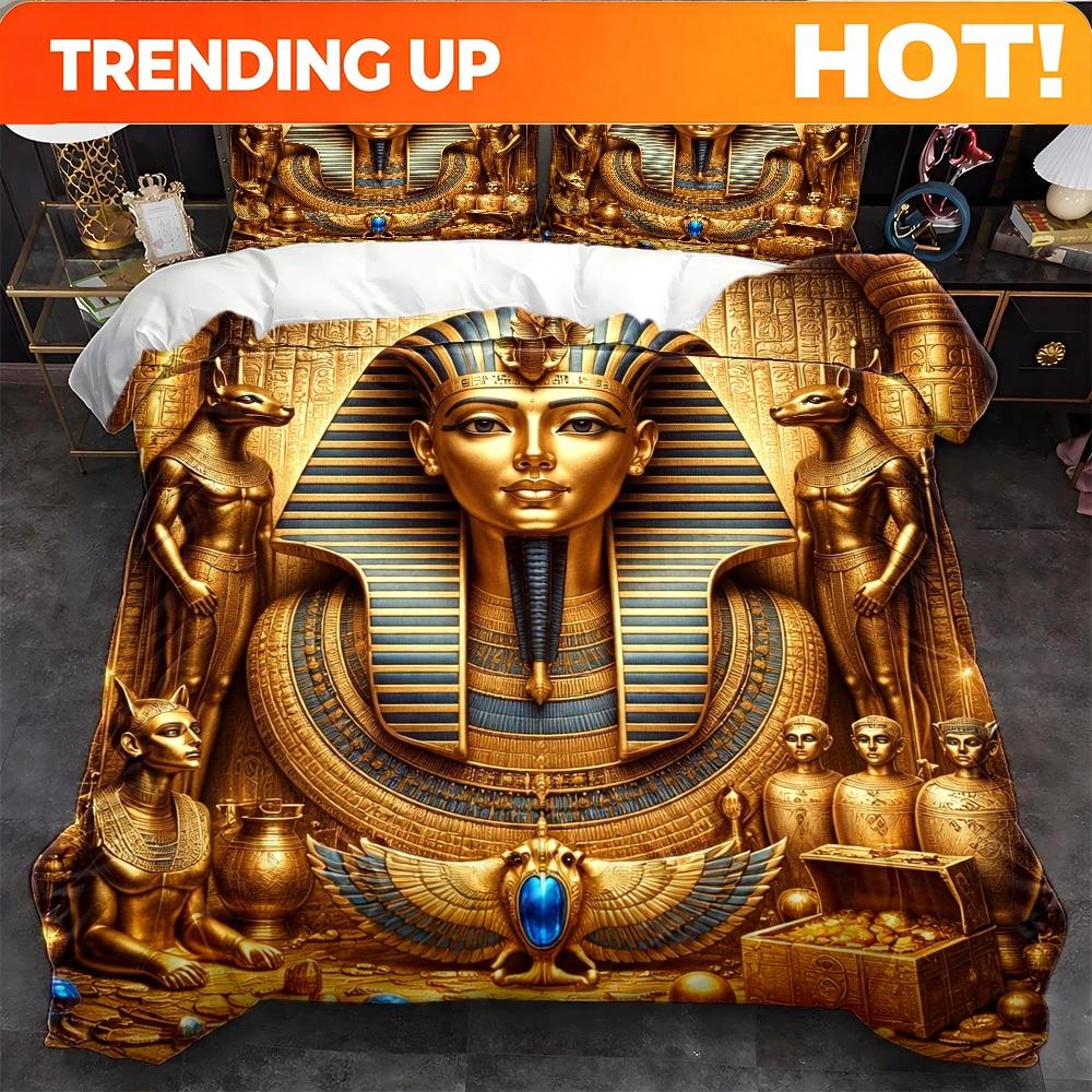 Customize 3pcs Egyptian Pharaoh Golden Treasure Themed Duvet Cover Set, Bedding 3pcs Set (1*Duvet Cover + 2*Pillowcases), Suitab