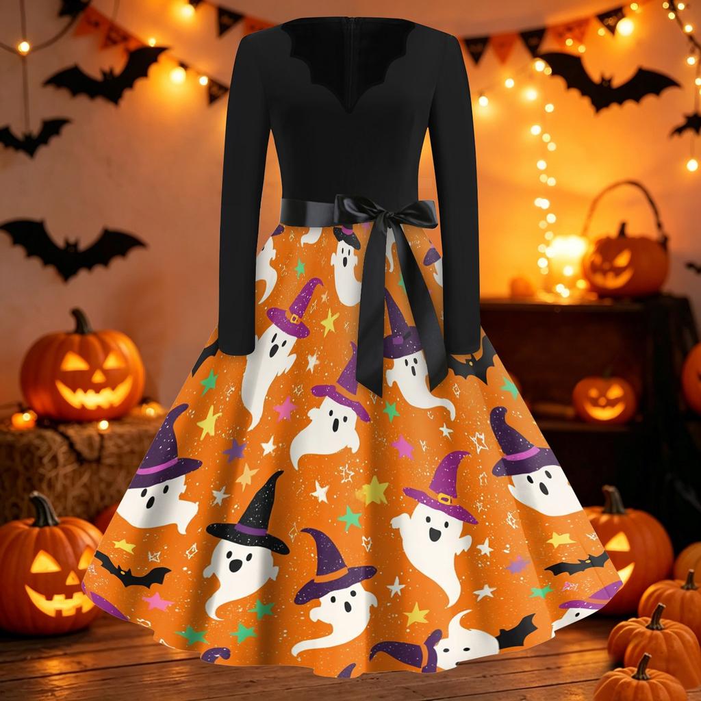 Women Casual Halloween Print V Neck Vintage Dress Long Sleeve Fit Flared Waist Tie Retro Style Swing Skirt Dress