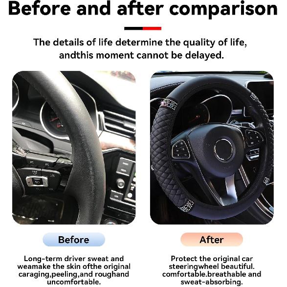 Bling Car Steering Wheel Cover, 15 Inch Rhinestones Soft Leather Elastic Steering Wheel Protector, Sparkly Crystal Diamond For Women Girls, Car