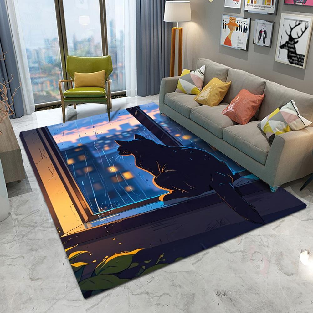 Cat Themed Carpet With Night City Scene Patterns Artistic Illustration Style Cozy Non Slip Washable Rug For Living Room Bedroom 40x60CM