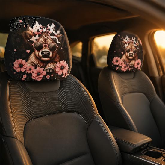 Skin Friendly Car Seat Decor 2Pcs Cute Calf Headrest Covers with Pink Flowers, Breathable Auto Durable Accessories Protectors, Stretchy Universal