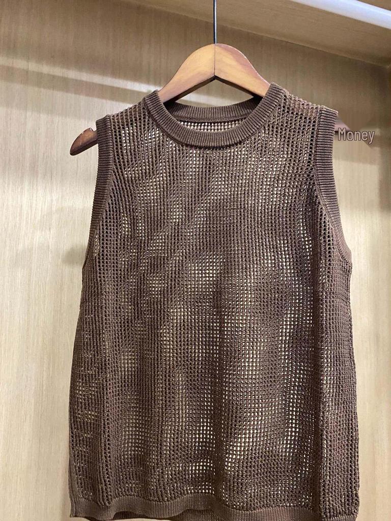 2025 Women's Sleeveless Knitted Mesh Cutout Round Neck Vest - Versatile Spring/Summer Top