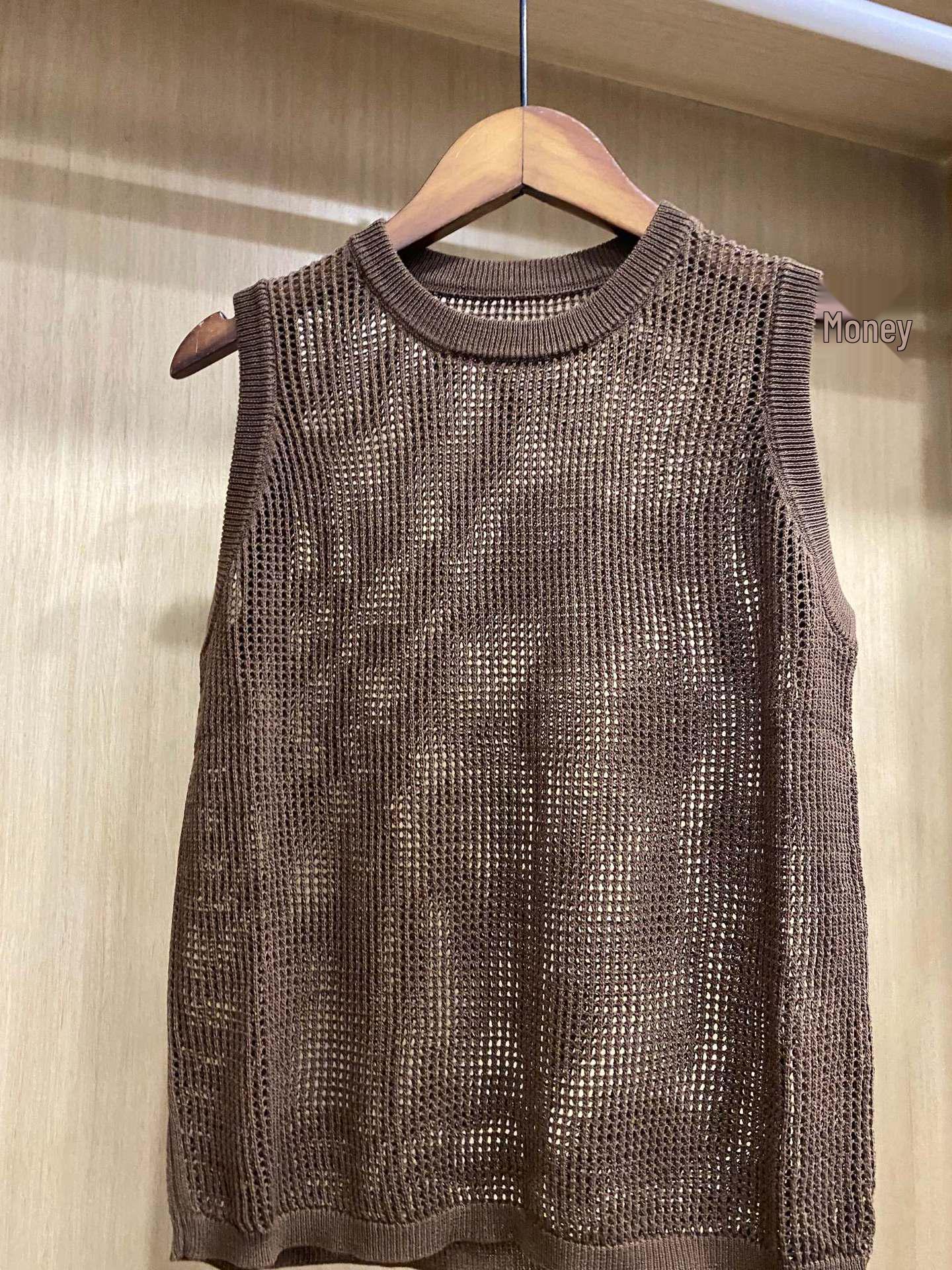 

Женский трикотажный жилет без рукавов с вырезами из сетки и круглым вырезом - Универсальный топ для весны/лета L верблюд