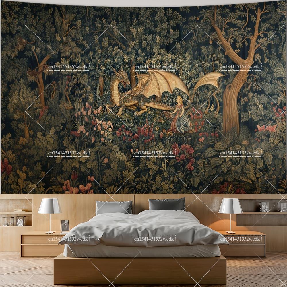 Fantasy Drache Mittelalterliche Wandteppiche Wandbehang Landschafts-Wandteppiche Ästhetische Raumdekoration Poster Retro Hintergrundtücher
