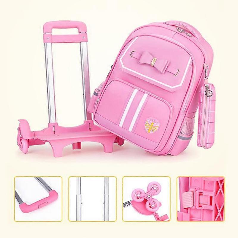NEW Detachable 6 Wheels Trolley School Bag Girls Rolling Backpack Children Cute Pink Bowknot Schoolbag Wheeled Backpack Set