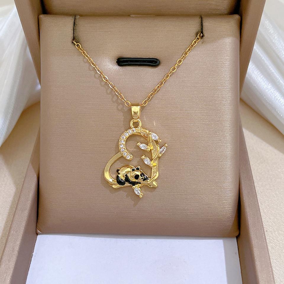 ZAKOL Exquisite Chinese Panda Design Heart Pendant Necklace for Women Girls Buling CZ Female Anniversary Zircon Gift