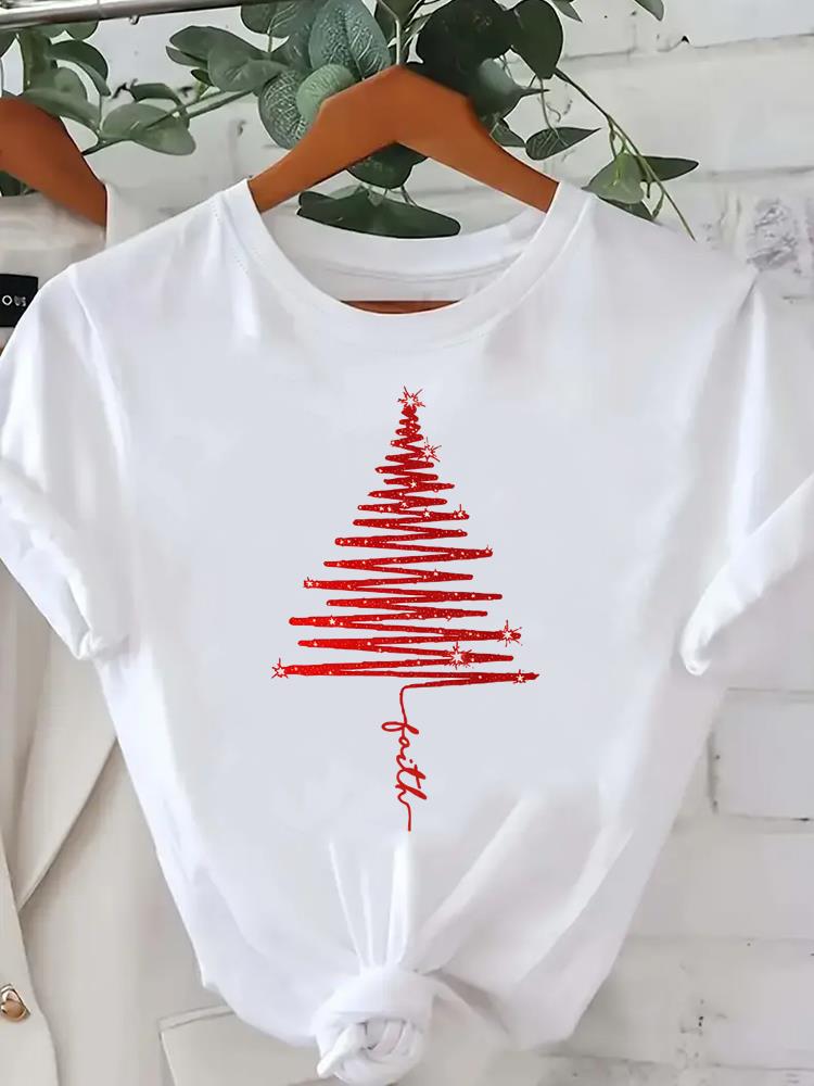 (Asian Size) leopard tree happy new year Tee merry Christmas festival O-neck Clothing Women's Top T Print Fashion ladies Graphic T-shirts