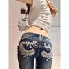 BeatStreet Sommar Y2K Mode Retro Punk Låg Midja Casual Broderi Diamant Jeans Blå Vingar Mönster Broderade Ben Smala Byxor