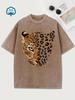 T-shirt en Coton Lavé Femme Imprimé Animal Léopard Tigre Dessin Animé Manches Courtes T-shirt Graphique Haut Col Rond Décontracté Vintage
