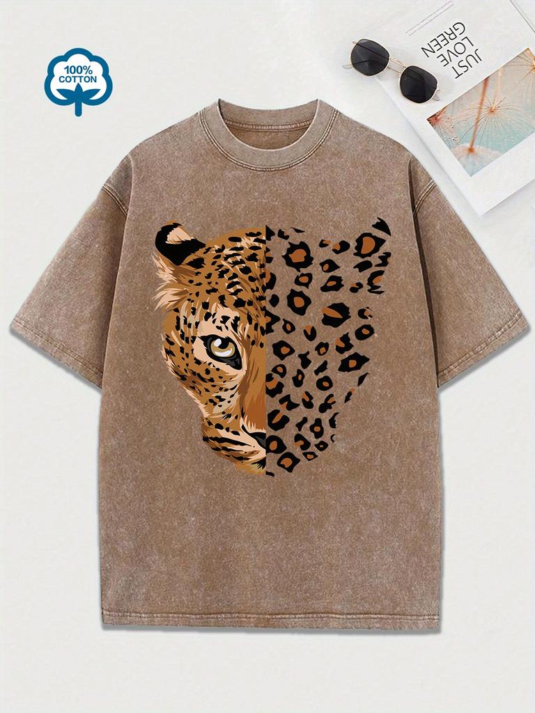 Washed Cotton T-shirt Women's Leopard Tiger Cartoon Print Short Sleeve T Shirt Graphic Tee Round Neck Top Casual Vintage