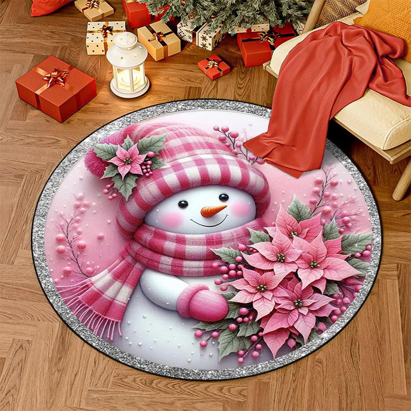 Christmas Nursery Rug Pink Snowman Playmat for Kids Room Santa Claus Toddler Round Carpet Gingerbread Man Non Slip Circle Rug