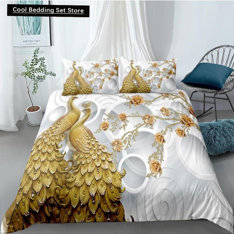 Pfau Bettbezug King Queen Größe Kolibri Libelle Bettwäscheset Blumen Vögel Bettdeckenbezug Floral Tiere Bettdeckenbezug